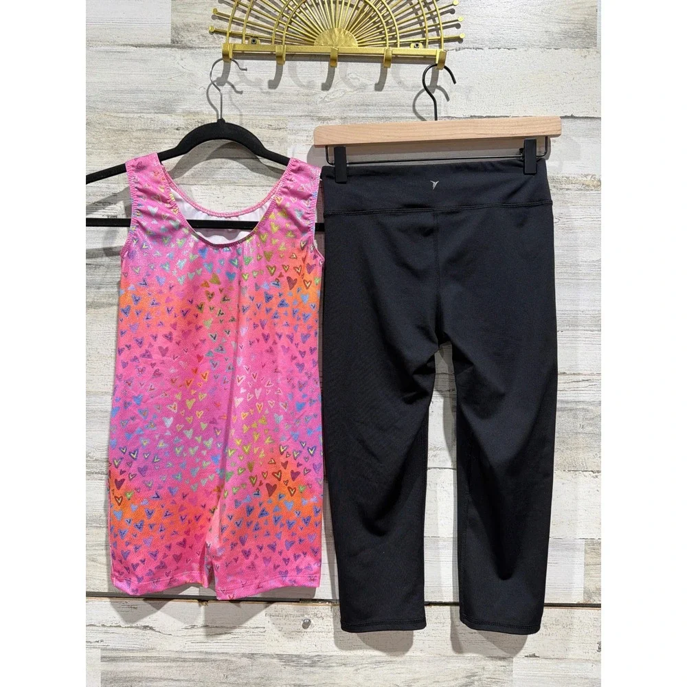 Old Navy Boutique Activewear Girls 14/16 Black Pink Heart Dance Leggings EUC